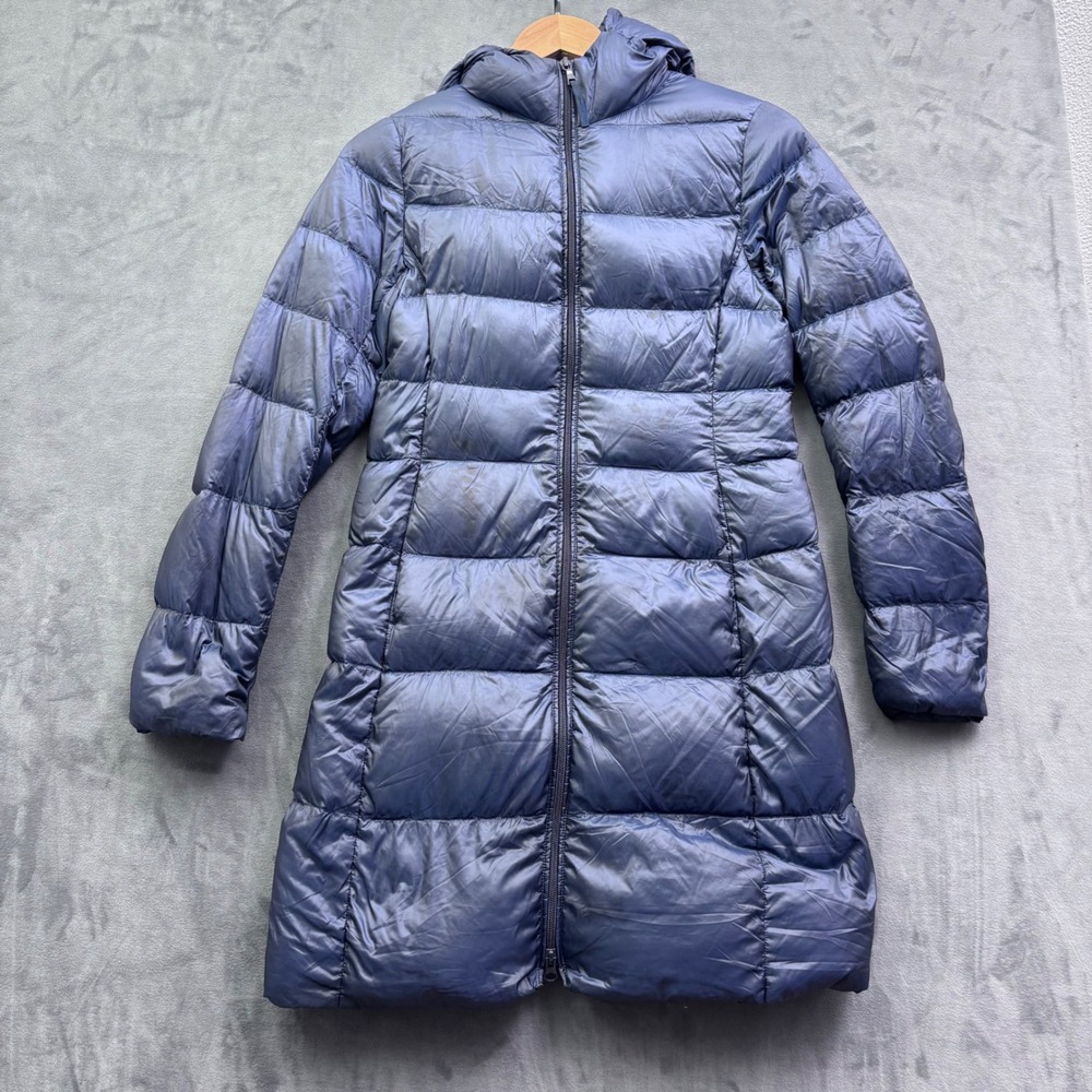 Uniqlo Ultra Light Down Long Puffer Coat Navy Blue Hooded Jacket XS